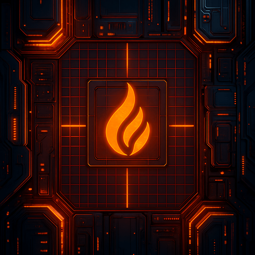 2D Top floor of Flame tower facing the screen to use it as a grid. future. Cyberpunk. abstract. seen from above. HD colors. Orange color. No Diagonal assets. flame logo on the middle of it.