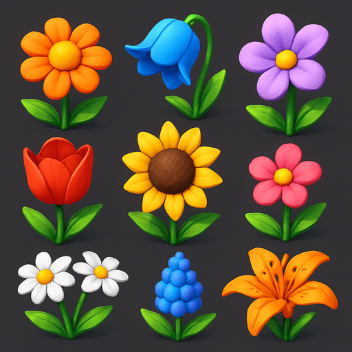 Pack of different flowers.
In-Game asset.  High contrast.  No shadows. 3D