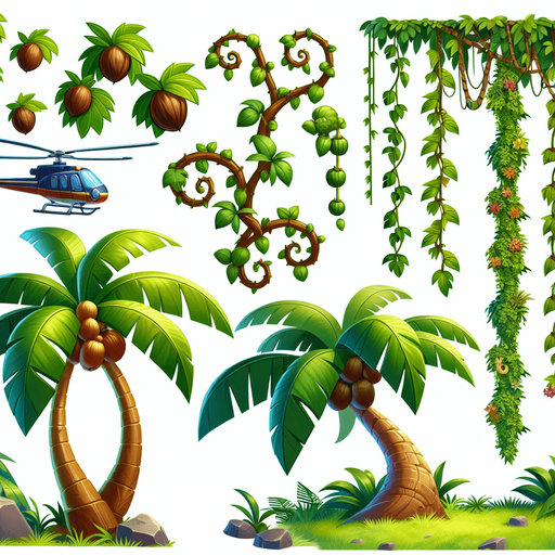 Design a cartoon-style palm tree or jungle vine obstacle for a helicopter game. The palm should have a curved trunk, big floppy leaves, and maybe coconuts. The vines can hang or swing. Make it playful and jungle-themed.