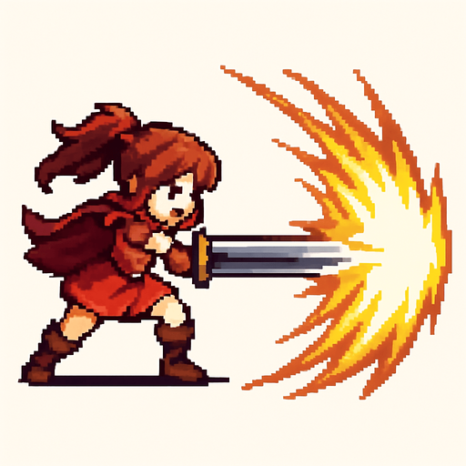 swordsgirl hero attack, sending shockwaves, pixel art, no background.
In-Game asset.  2d.  High contrast.  No shadows
