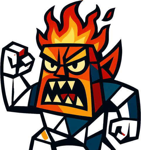 Aşırı kızgın, hatta kafasından alevler çıkan, kübizm tarzında bir canavar çiz..
In-Game asset.  2d.  High contrast.  No shadows