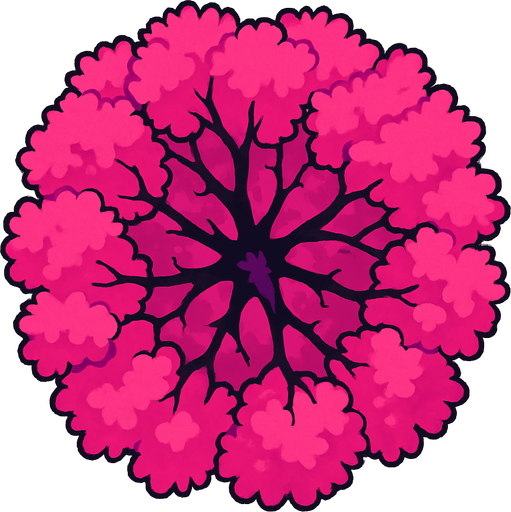 Top view of colorful pink tree looking upwards.
In-Game asset.  2d.  High contrast.  No shadows