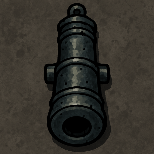 Cannon without wheels or  base, just the cannon.
In-Game asset.  2d.  High contrast.  No shadows. Topdown