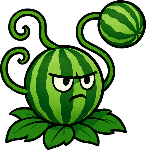 Melón como Cuerpo: La planta en sí parece ser un melón grande y redondo, con las características rayas verdes oscuras y claras de una sandía.

Cara y Hojas: Tiene dos ojos pequeños y una expresión que denota seriedad o concentración, propia de una planta de ataque. En su base, tiene hojas verdes que la asientan en el suelo.

Brazos de Enredadera con Melón: De la parte superior de su cuerpo, salen dos enredaderas o tallos verdes y enrollados que sostienen un melón más pequeño. Este melón es el "proyectil" que lanza. El mecanismo sugiere que es una especie de honda o catapulta natural..
In-Game asset.  2d.  High contrast.  No shadows