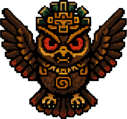 Genérame una Buho de anteojos guerrero azteca con eso patrones, estilo pixelar, con una apariencia maligna, ojos rojos, rabioso. Unidad aerea con alas. Animal.
In-Game asset.  2d.  High contrast.  No shadows