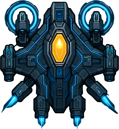 Transform the ship into a high-tech 2D top-down spacecraft. Add shield emitters with rotating energy halos, four weapon slots, side thrusters, and an enhanced cockpit with a golden or crystal-like glow. The silhouette is wider and more refined. Visuals should include detailed paneling, moving parts, and advanced energy flows..
In-Game asset.  2d.  High contrast.  No shadows