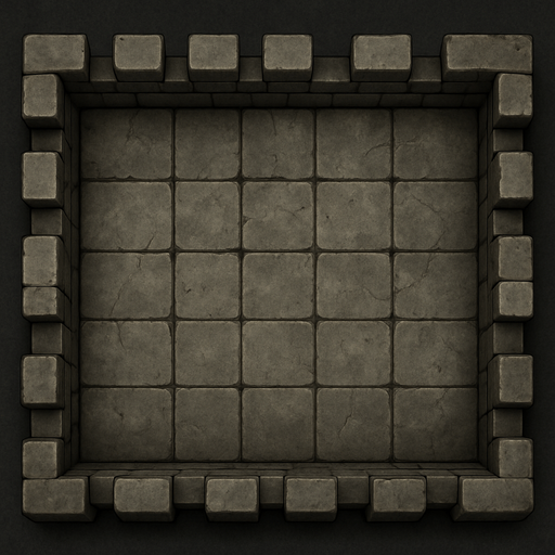 A rectangular stone castle battlement, seen from directly above. In between the walls is a weathered looking 3x5 grid. Rectangle. Not square. Realistic graphics..
In-Game asset.  2d.  High contrast.  No shadows