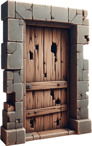 a crooked door with holes in it.
Single Game Texture. In-Game asset. 2d. Blank background. High contrast. No shadows.