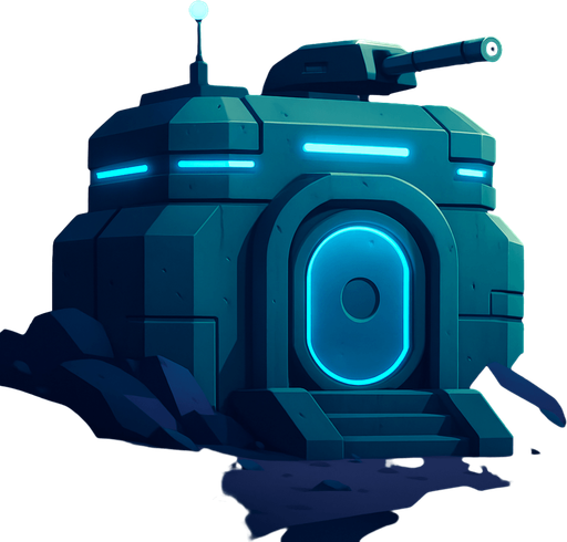 Front facing icon Fullscreen modern App Store art style with futuristic bunker, 16:9, high definition.  No text captions!