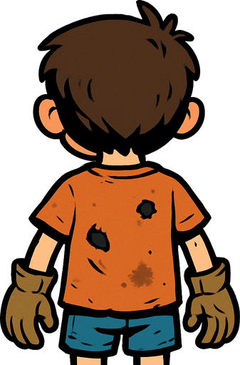 5-year-old boy with his back turned wearing a worn t-shirt and work gloves.
In-Game asset.  2d.  High contrast.  No shadows. Cartoon