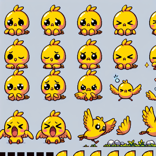 Spritesheet of a little yellow bird, sad and happy, sitting and flying..
Single Game Texture. In-Game asset. 2d. Blank background. High contrast. No shadows.