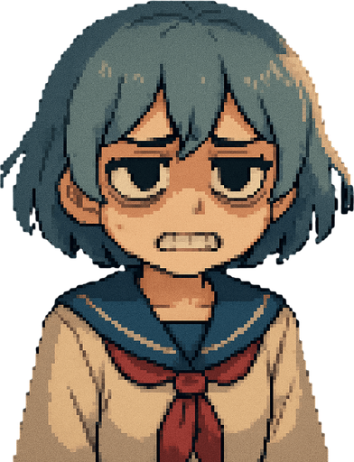 Yui is a cute 15-year-old anime girl with big black eyes and short, soft blue-gray hair (HEX: #b0b9d8). She wears a traditional Japanese school uniform called a sailor fuku. In this Pixel Art scene, Yui looks clearly upset—she has very noticeable dark circles under her eyes, her eyebrows are tense, and her teeth are pressed together in frustration. Her arms are relaxed and down at her sides, showing no physical aggression, just quiet tension. She’s inside a school locker, looking out through a metal grate with a serious, focused expression. The entire scene is viewed from inside the locker, with soft light coming through the vents, casting gentle shadows across her face and creating a slightly tense but family-friendly atmosphere.
