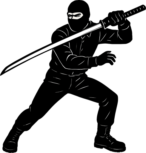 hombre con camisa negra de manga larga, pantalones negros, botas negras y guantes negros y un pasamontañas negro atacando con una katana con un mango negro.
In-Game asset.  2d.  High contrast.  No shadows