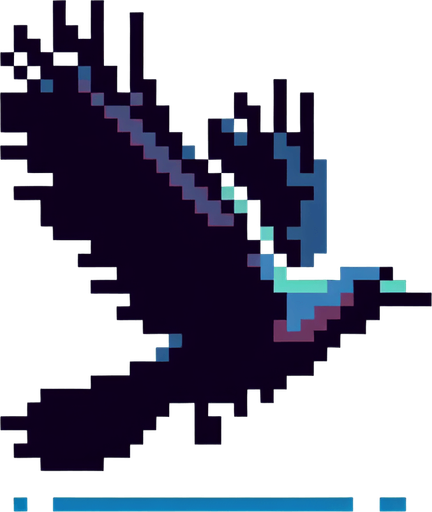 8-bit profile of crow flying straight.
Single Game Texture. In-Game asset. 2d. Blank background. High contrast. No shadows.