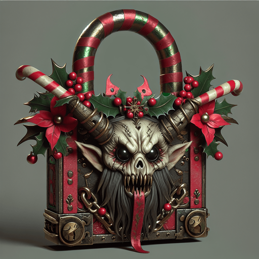 eerie christmas inspired krampus lock with a resident evil style.
Single Game Texture. In-Game asset. 2d. Blank background. High contrast. No shadows.