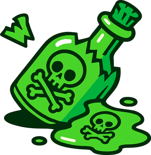 Bana yeşil kırılmış bir zehir şişesi çiz zehir yere akmış.
In-Game asset.  2d.  High contrast.  No shadows