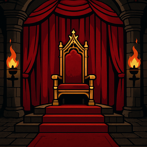An imposing medieval throne room draped in red velvet, dark stone pillars, torches casting shadows, the throne elevated above all. realistic

In-Game asset.  2d.  High contrast.  No shadows