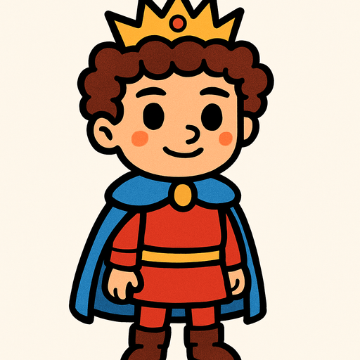 prens kıvırcık saçlı ayakta sakalsız.
In-Game asset.  2d.  High contrast.  No shadows