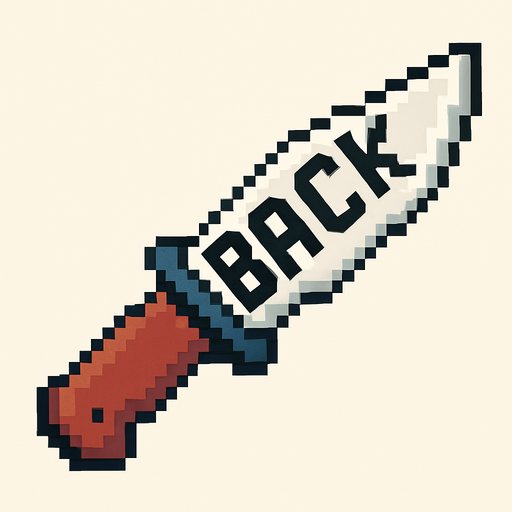 un cuchillo hecho con pixeles que tenga escrito back.
In-Game asset.  2d.  High contrast.  No shadows