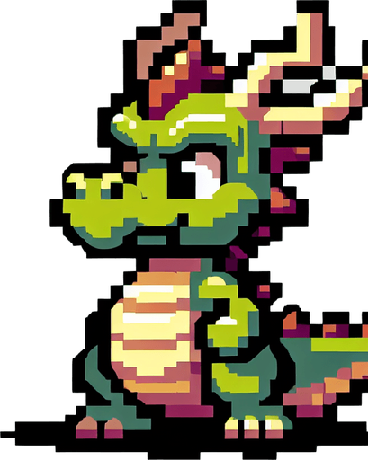 a pixel funny dragon looking right similar to Bubble Booble.
Single Game Texture.  In-Game asset.  2d.  Blank background.  High contrast.  No shadows