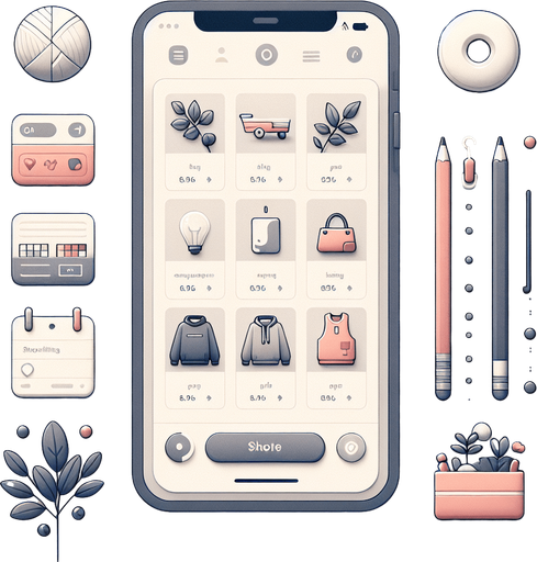 A clean and functional mobile app UI designed to simulate a browser displaying a shopping website. The interface features a standard browser layout, with a slim address bar at the very top of the screen and navigation buttons (back, forward, refresh) on the left side of the bar. The webpage content takes up the rest of the screen, displaying a modern shopping site.

The shopping page is styled with a grid layout showcasing product thumbnails, prices, and brief descriptions, using a minimal design with soft colors and clear fonts. Subtly integrated towards the top-left corner of the screen, within the browser's interface or website header, is a small, unobtrusive indicator or icon. This subtle detail could be a faint symbol, a highlight on a word, or a unique design element that hints at a hidden clue, blending seamlessly with the overall layout while encouraging observant players to investigate further. The interface remains sleek, user-friendly, and visually balanced..
Single Game Texture. In-Game asset. 2d. Blank background. High contrast. No shadows.