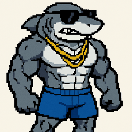 Tiburón furry fuerte sin camisa y con shorts, que en la cara lleve unas gafas de sol, que lleve colgantes y que sea pixeleado que se vea todo su cuerpo 
In-Game asset.  2d.  High contrast.  No shadows