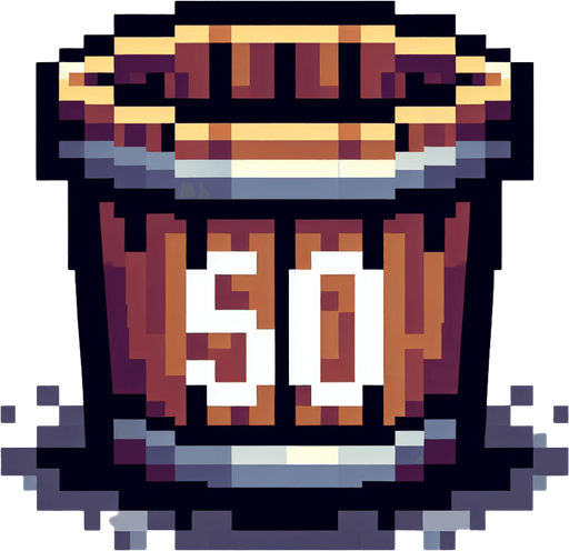 bucket with 50 text on it. front view. 
Single Game Texture. In-Game asset. 2d. Blank background. High contrast. No shadows. pixel. 8 bit