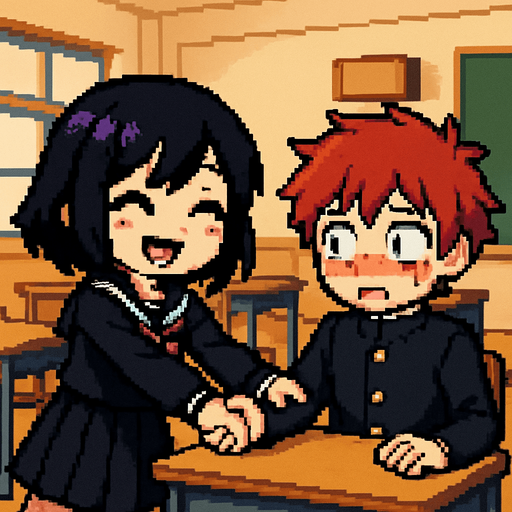 In pixel art style, a cute anime-style girl with an emo aesthetic, striking purple eyes, and a Japanese school uniform (sailor fuku) suddenly pulls the hand of a shy red-haired boy with red eyes, who is wearing a gakuran and sitting in front of a rectangular desk. She smiles brightly with her eyes closed as she yanks him toward her, pulling him out of his seat. The boy looks confused and nervous, flustered by the sudden physical contact. In the background, a typical Japanese classroom can be seen.