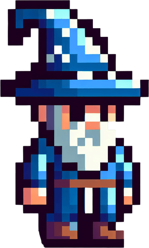 wisard 8 bit from the top down.
Single Game Texture. In-Game asset. 2d. Blank background. High contrast. No shadows.