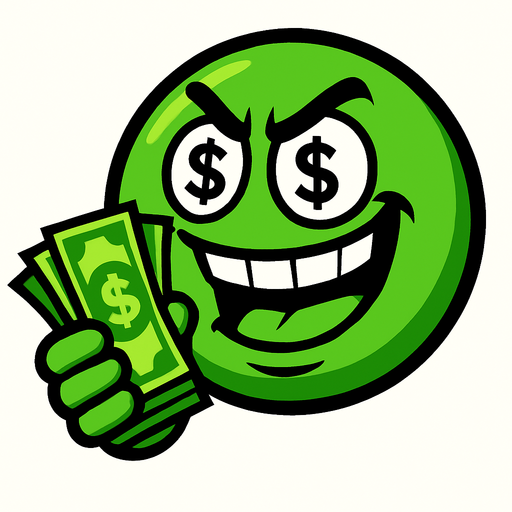 A rich, greedy green ball has a wad of cash in his hand.
In-Game asset.  High contrast.  No shadows