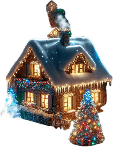 A feerical landscape with santa's house, pines, snow, glowing lights, at night.
In the front, cute elves with gree hats, gingerbread boys, teddy bears, celebrating, but no Santa Clauss in the image. Background image. High contrast. No shadows.