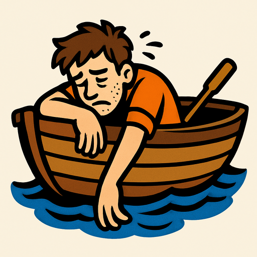 a boat and an exhausted man in it.
In-Game asset.  2d.  High contrast.  No shadows