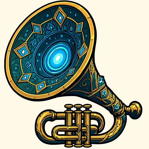 Una trompeta de proporciones colosales, con una campana que se abre como un altavoz parabólico gigante. Su superficie podría ser de un metal brillante y pulido, con intrincados grabados o incrustaciones de cristales resonantes que brillan intensamente. Podría tener un sistema de lentes o emisores de energía en su boca..
In-Game asset.  2d.  High contrast.  No shadows