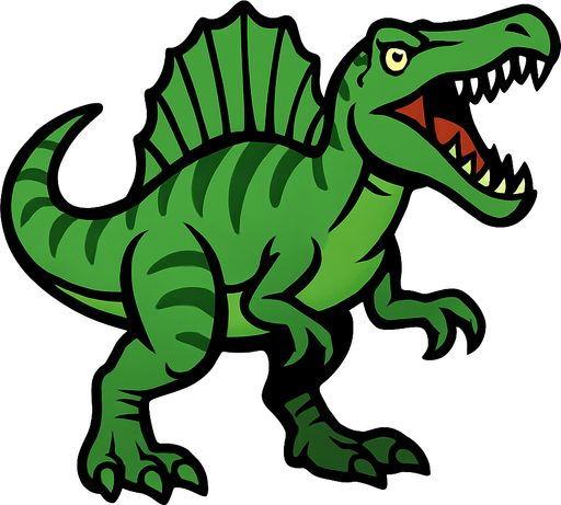 Spinosaurus, yeşil, ağzı açık.
In-Game asset.  2d.  High contrast.  No shadows