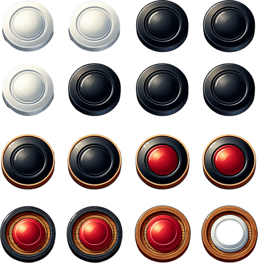 White Coins: Smooth white with subtle shadows.

Black Coins: Matte black with light edges for visibility.

Red Queen Coin: Slightly larger or shinier with a glossy red finish.


All assets should be around 30–40 pixels in diameter.

Assets should look good on a wooden-style carrom board..
Single Game Texture.  In-Game asset.  2d.  Blank background.  High contrast.  No shadows