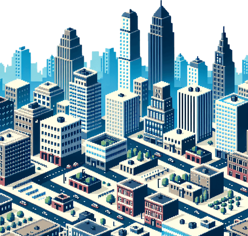 Retro cityscape, pixel art  1930s, sky view, aerial view
Single Game Texture. In-Game asset. 2d. Blank background. High contrast. No shadows.