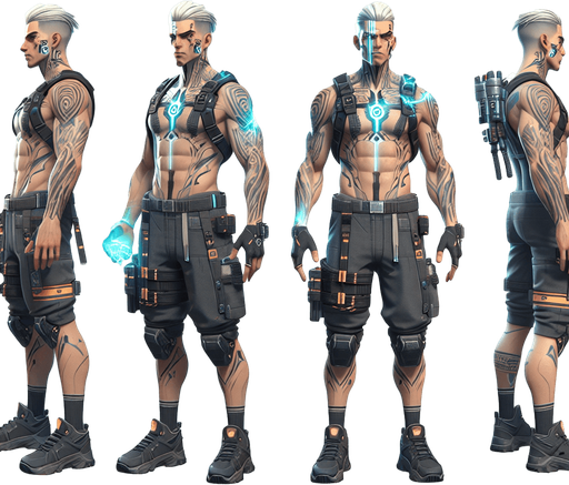 1. Appearance and Build:
Body Type: Athletic, muscular, slender, or bulky.
Height and Proportions: Tall and imposing, average, or short and agile.
2. Outfit:
Style: Modern, traditional, futuristic, or fantasy-inspired.
Details: Armor, casual clothes, martial arts gi, cybernetic enhancements, or tribal attire.
Accessories: Belts, gloves, headbands, jewelry, or tech gadgets.
3. Face and Hair:
Expression: Serious, confident, aggressive, or calm.
Hair: Short, long, spiky, braided, or tied in a ponytail. Specify color and texture (e.g., fiery red, silky black, or platinum blonde).
Facial Features: Scars, tattoos, or unique marks.
4. Weapons and Tools:
Describe any weapons, like swords, nunchaku, guns, or energy-based tools.
Mention how the character wields or carries these items.
5. Special Effects:
Glowing eyes, a fiery aura, electricity coursing through their body, or smoke emanating from their feet.
Unique powers visually represented (e.g., ice shards, flames, or magical sigils).
6. Pers.
Single Game Texture. In-Game asset. 2d. Blank background. High contrast. No shadows.