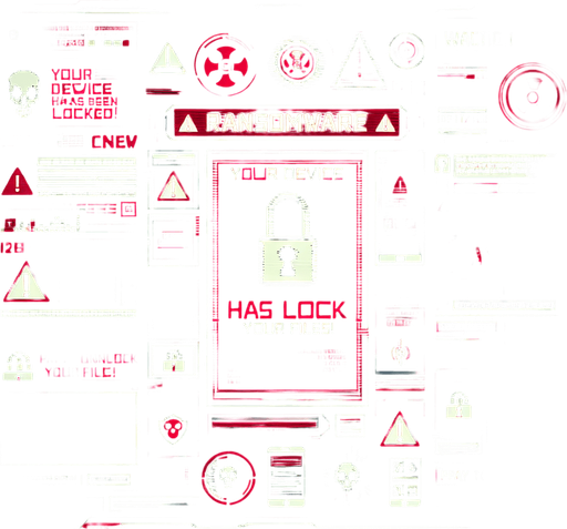 A full-screen background depicting a corrupted device overtaken by a ransomware message. The screen is dominated by a bold, alarming warning message in red and white text, with phrases like 'Your device has been locked!' and 'Pay to unlock your files!' prominently displayed. The background is dark, with digital glitch effects, static noise, and distorted text adding to the sense of corruption. Subtly embedded within the chaotic design is a hidden encrypted code, integrated into the distortion or glitch patterns, making it challenging to notice at first glance. The overall aesthetic is tense, urgent, and visually striking, fitting the theme of a high-tech device under attack..
Single Game Texture. In-Game asset. 2d. Blank background. High contrast. No shadows.
