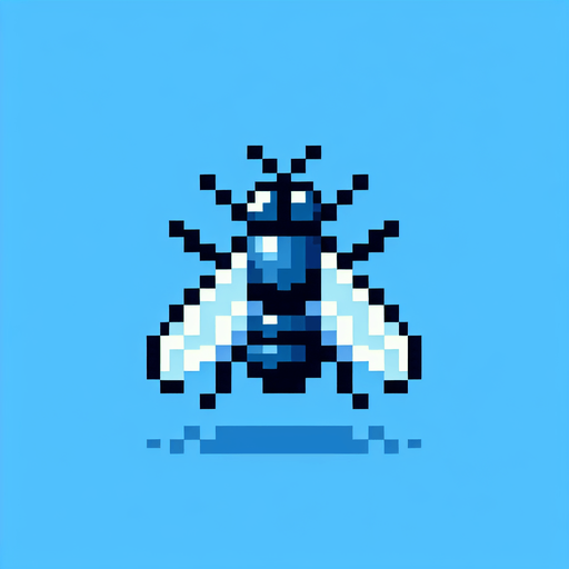 Simple side view of a pixel art fly on a sky blue background 
Single Game Texture. In-Game asset. 2d. Blank background. High contrast. No shadows.