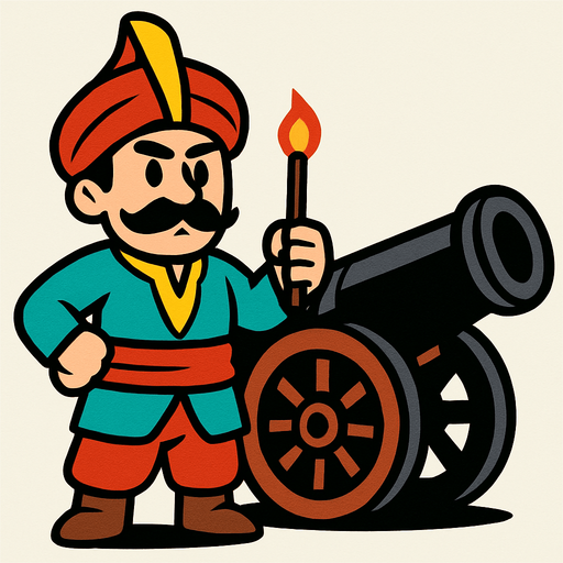 Animasyon çizgi dizi tarzında osmanlı topçusu ekle bu askerin yanında savaş topuda olsun.
In-Game asset.  2d.  High contrast.  No shadows