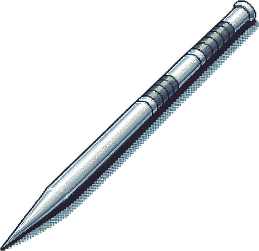 pixelart. a javelin used for olympic games and athletics. Just the spear itself, horizontally laid out in the image. It should be a slim metal spear, pointy in both ends, and with a grip somewhere off center of the shaft..
Single Game Texture. In-Game asset. 2d. Blank background. High contrast. No shadows.