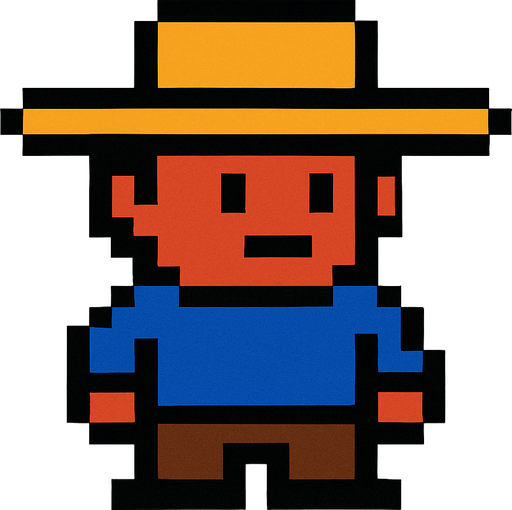 character with a hat, 2d, pixel,.
2d.  High contrast.  No shadows