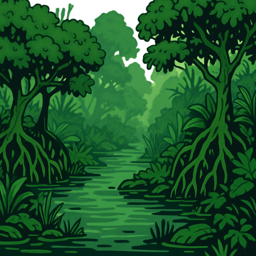A swampy background with mangrove trees and overall overgrown but lush aesthetics.
In-Game asset.  2d.  High contrast.  No shadows