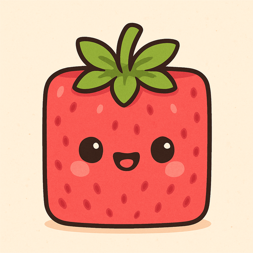 Perfectly square bright rose red stawberry with cute happyy face. Cartoon style. Cute art style. Simple vector style. 2d