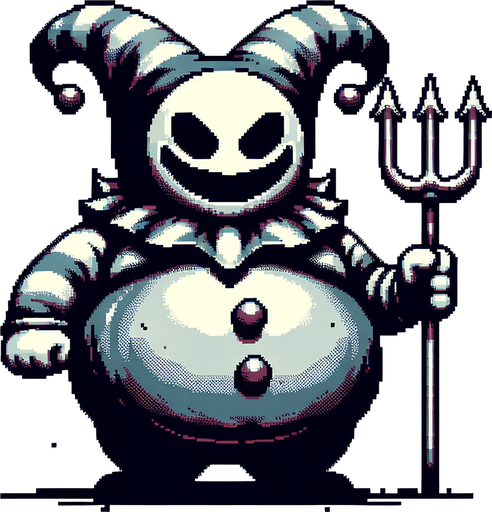 Creepy Jester clown with a fat circular belly, grinning and carying a trident.
Single Game Texture. In-Game asset. 2d. Blank background. High contrast. No shadows. 8 bit