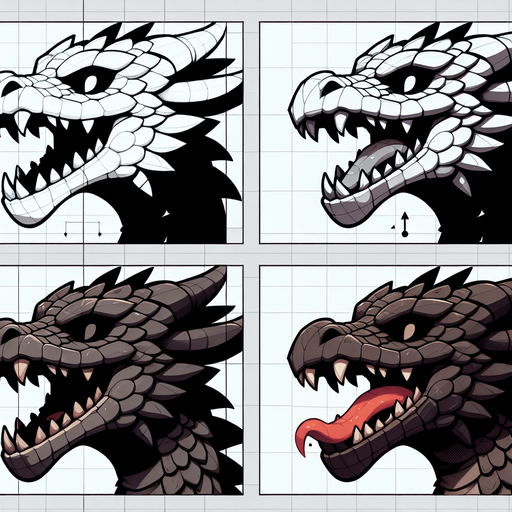 A sprite sheet for a dragons head. Head straight forward with mouth open and one with mouth closed. Cartoon..
Single Game Texture.  In-Game asset.  2d.  Blank background.  High contrast.  No shadows
