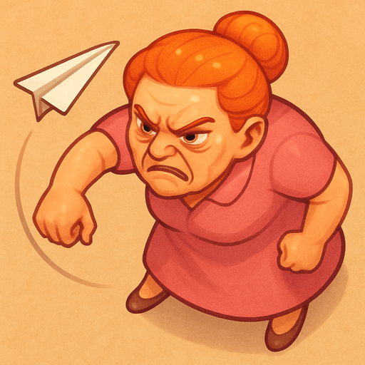 A lady that just threw a paper plane and is leaned forward due to that. She has a pink dress and orange hair. She looks like she has been working in an office for 40 years. Make her look angry as fuck. Cute soft graphics. soft ambient light. semi-matte to satin surfaces. naturalistic with slight saturation boost colors. 
In-Game asset.  2d.  High contrast.  No shadows. top down. View from above.