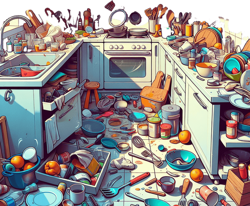 dağınık bir mutfak, odanın içinden görünüm. 3d renkli anime, çizgi film