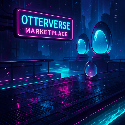 Generate a high-resolution digital scene of a rain-soaked cyberpunk arena for a mobile game. The environment features slick neon-lit platforms suspended over glowing canals, holographic billboards prominently displaying ‘Otterverse Marketplace,’ and floating egg pods encased in translucent glass. Puddles on the metal grating reflect pulsating magenta and cyan lights, while distant skyscrapers tower through misty rain. Add animated sparks, drifting data streams in the sky, and a moody, atmospheric vibe—perfect for a 4K game backdrop without any character or currency visuals..
In-Game asset.  2d.  High contrast.  No shadows