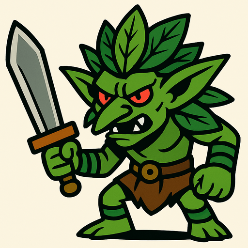 yeşil yapraklı dövüşçü goblin.
In-Game asset.  2d.  High contrast.  No shadows